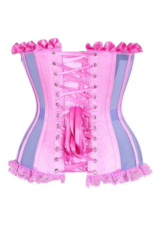 Top Drawer Steel Boned Purple/Pink Mesh Underwire Bustier Corset featuring ribbon lacing, ruffled trim, and side zipper. Enhanced with waist tape, fully steel boned structure, and lace-up back for optimal fit.
