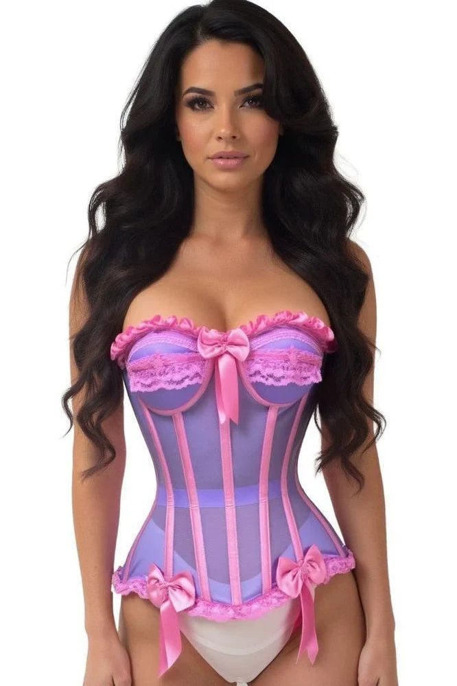 Woman modeling the Top Drawer Steel Boned Purple/Pink Mesh Underwire Bustier Corset, featuring a strapless design with padded cups, ruffle and bow trim, side zipper, waist tape, steel boning, and lace-up back.