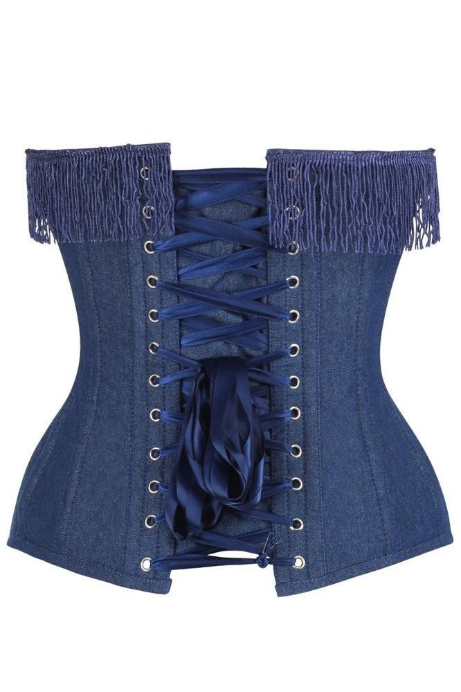Top Drawer Dark Blue Denim Steel Boned Overbust Corset w/Fringe features metal eyelets, blue satin lacing, a sweetheart neckline, front busk closure, and fringe trim at the top edge.
