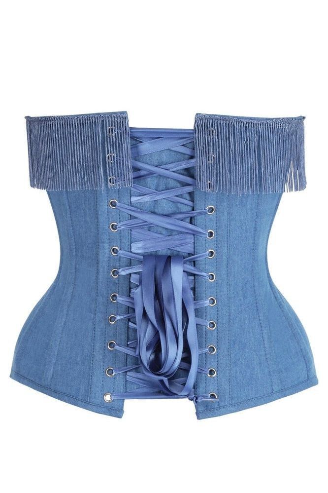 Top Drawer Blue Denim Steel Boned Overbust Corset w/Fringe features silver grommets, blue satin lacing, and a short fringe trim along the top edge, emphasizing a flattering sweetheart neckline and curve-enhancing cut.