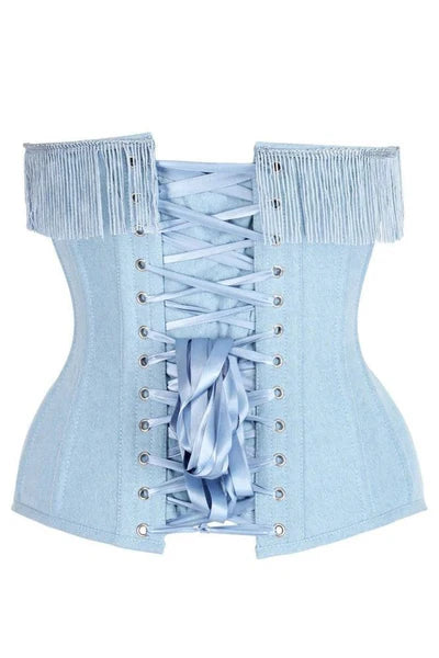 Top Drawer Light Blue Denim Steel Boned Overbust Corset w/Fringe features a denim-like fabric, metal eyelets, ribbon lace closure, and fringe trim, highlighting a curve-enhancing cut with a lace-up back.