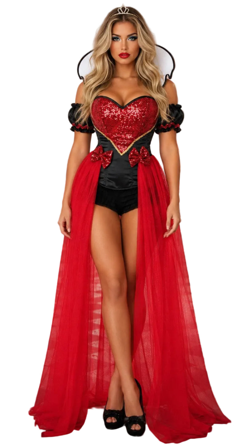 Red queen costume with red heart corset bodice, black shorts, long red cape, crown headpiece