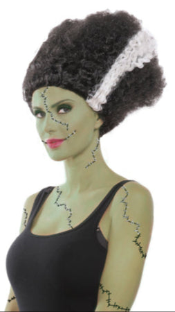 Close-up of a woman wearing the Monster Bride Wig, showcasing its detailed texture. Wig is 100% polyester, designed to be spot cleaned and kept away from heat.