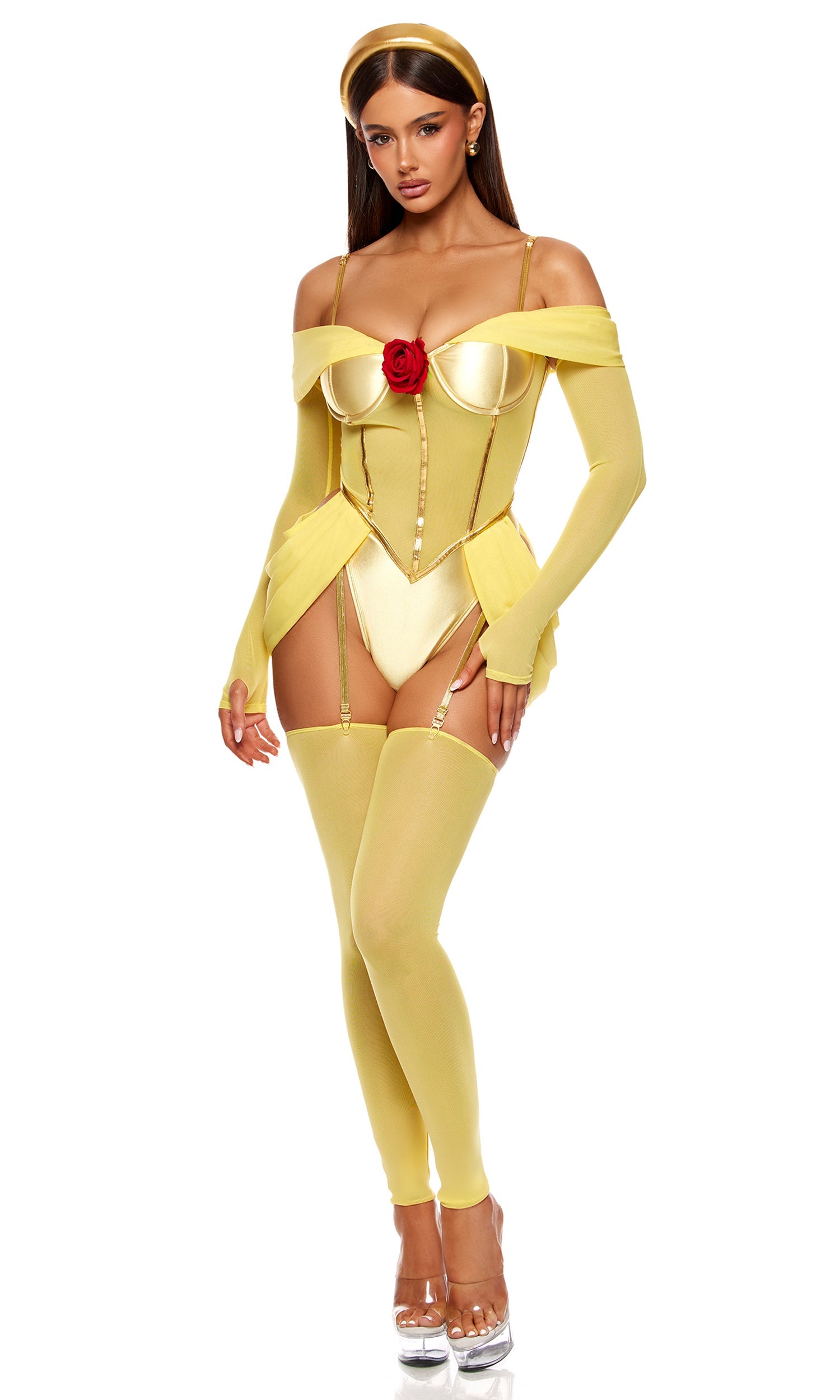 Yellow satin off-shoulder corset costume with red rose accent, gloves, leggings, headpiece