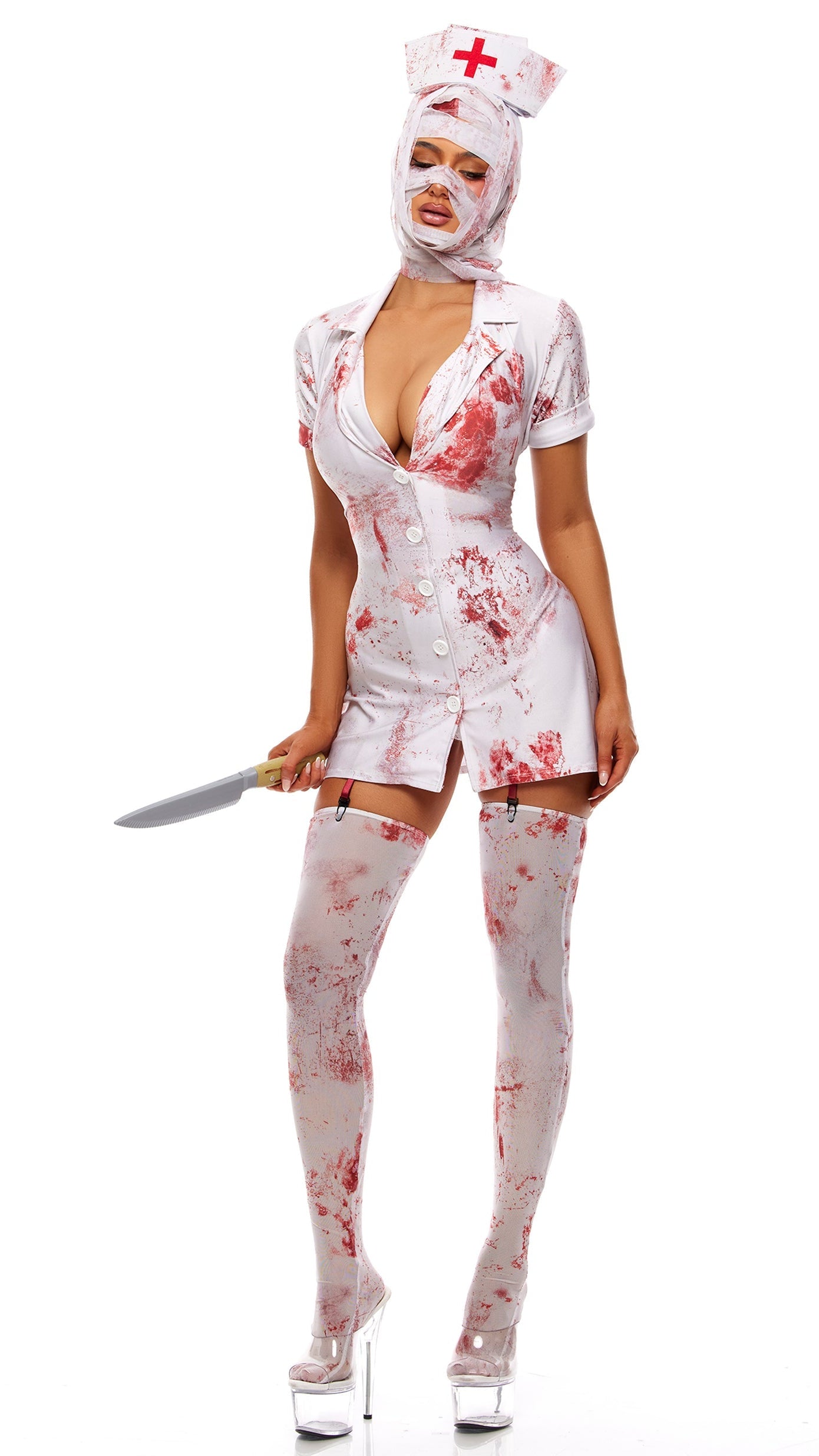 Blood Splatter Bubble Head Nurse Halloween Costume with Bloody Stockings
