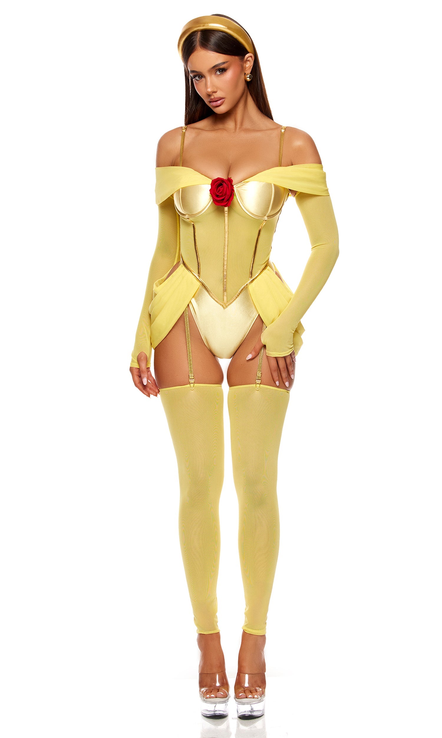 Yellow satin off-shoulder corset costume with red rose accent, gloves, leggings