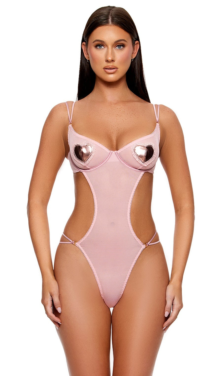 Heart of Metals Metallic Contrast Sheer Mesh Teddy features a cut-out design with metallic heart-shaped cup coverings, thin straps, and a sheer mesh body, worn by a model with long dark hair.