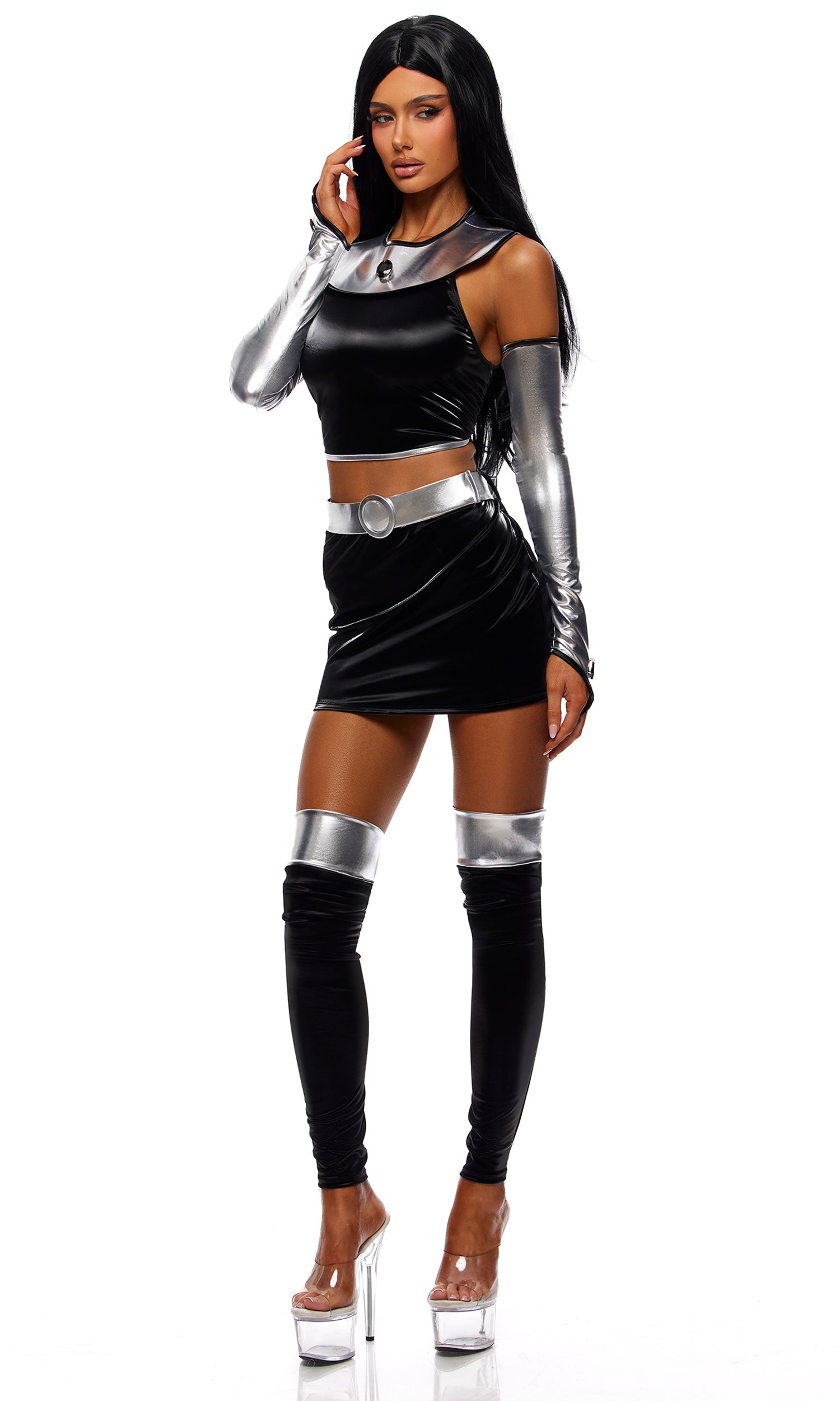 Black Vinyl Silver Armor Space Princess Halloween Costume with Metallic Sleeves