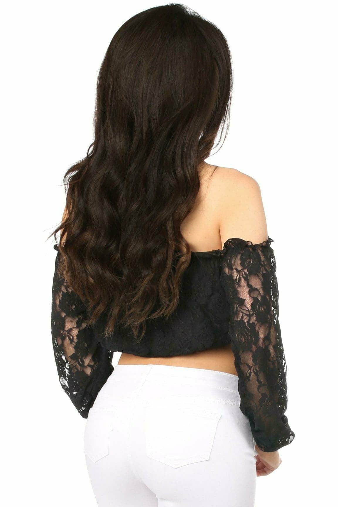 Black Lined Lace Long Sleeve Peasant Top Musotica.com