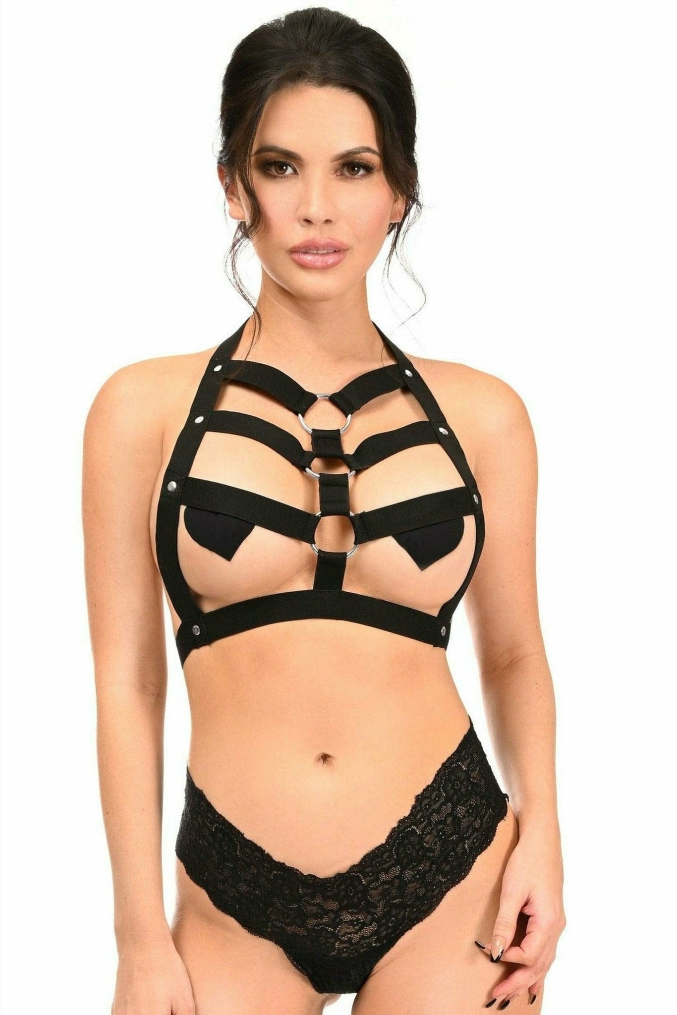 Black Stretchy Body Harness with Silver Hardware Musotica.com