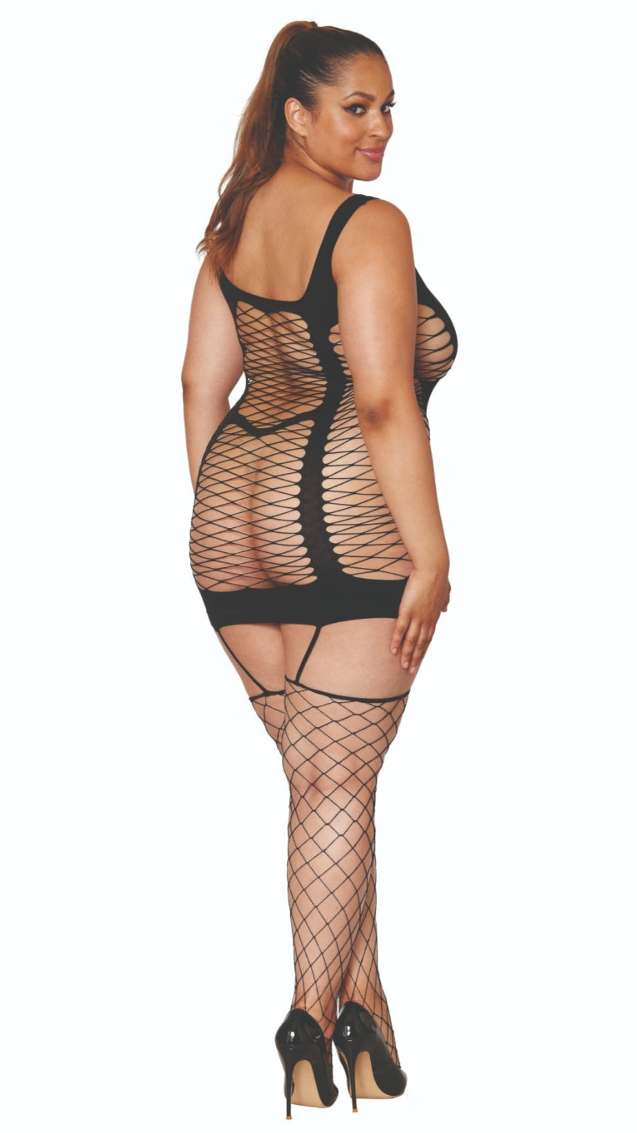 Bold Curves Side Cut-Out Fishnet Garter Bodystocking Musotica.com