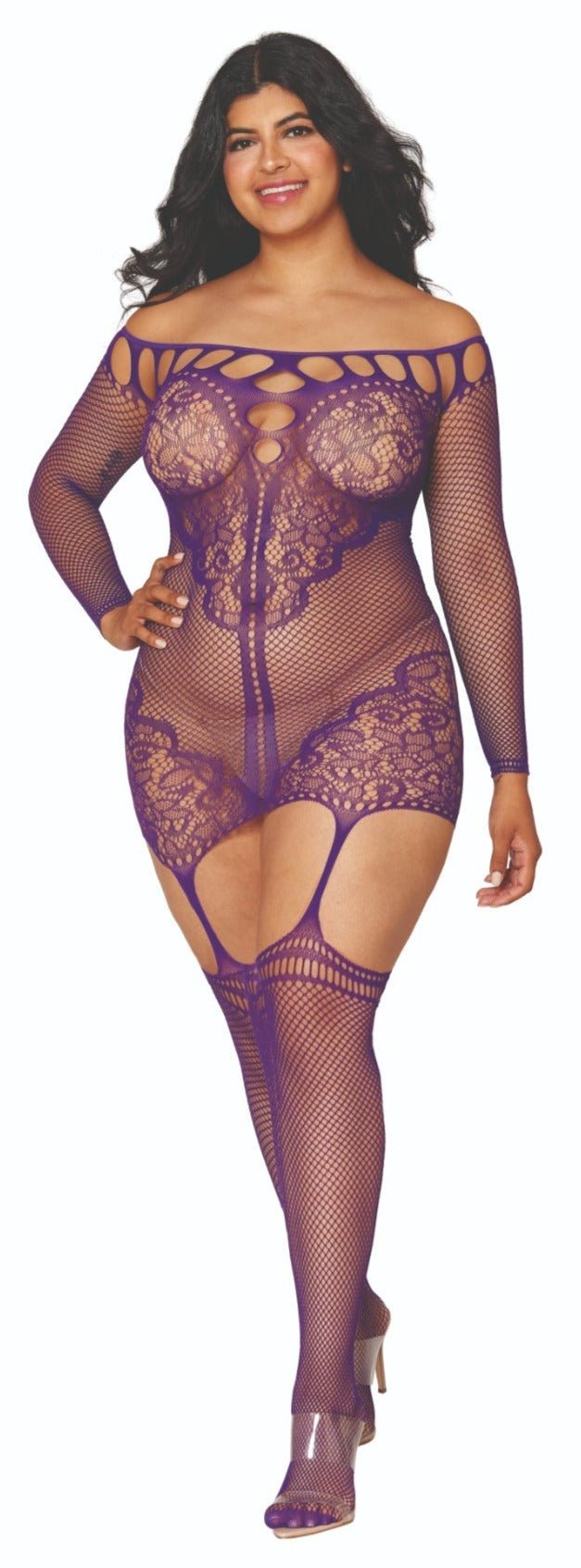 Curvy Off Shoulder Fishnet Bodystocking Dress with Lace Accents, featuring attached stockings and a sexy off-the-shoulder neckline, modeled by a woman.