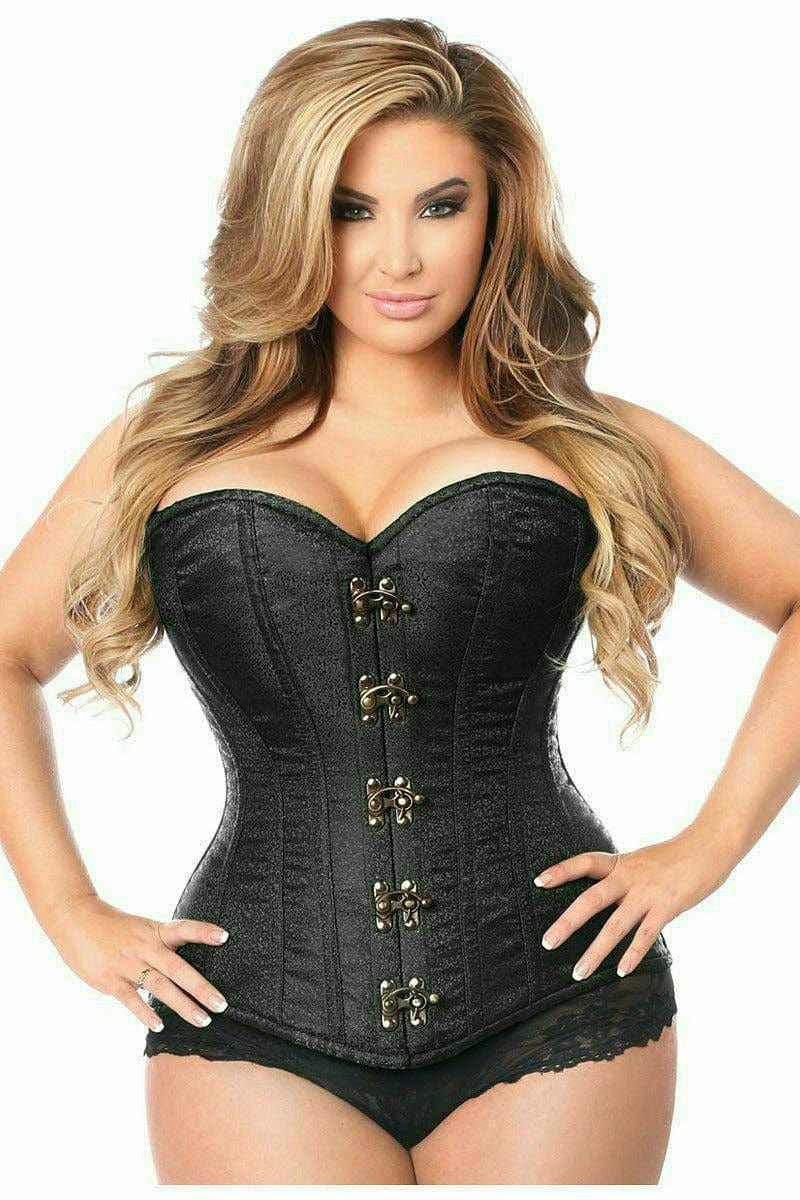 Deluxe Black Brocade Steel Boned Corset with Clasp Closure Musotica.com