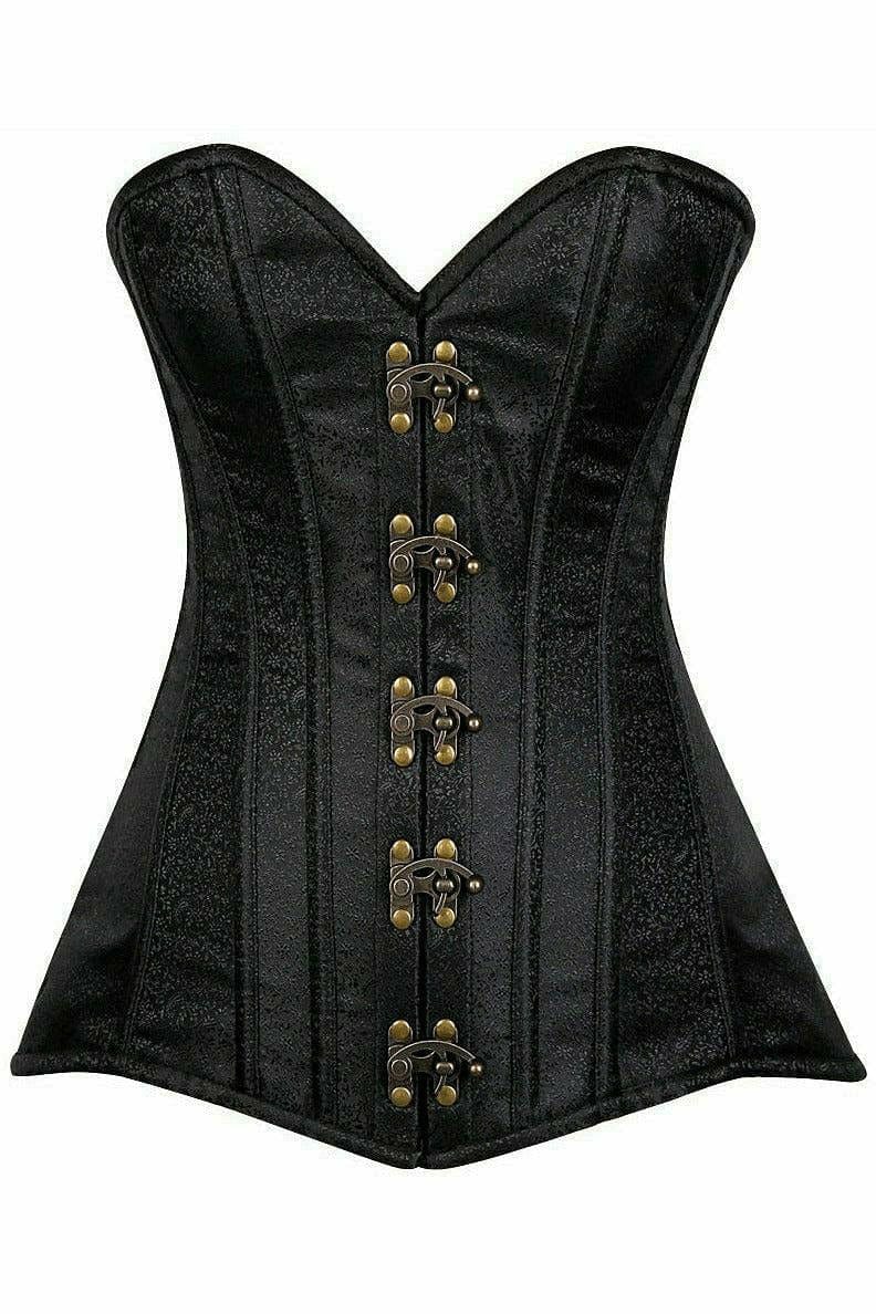 Deluxe Black Brocade Steel Boned Corset with Clasp Closure Musotica.com