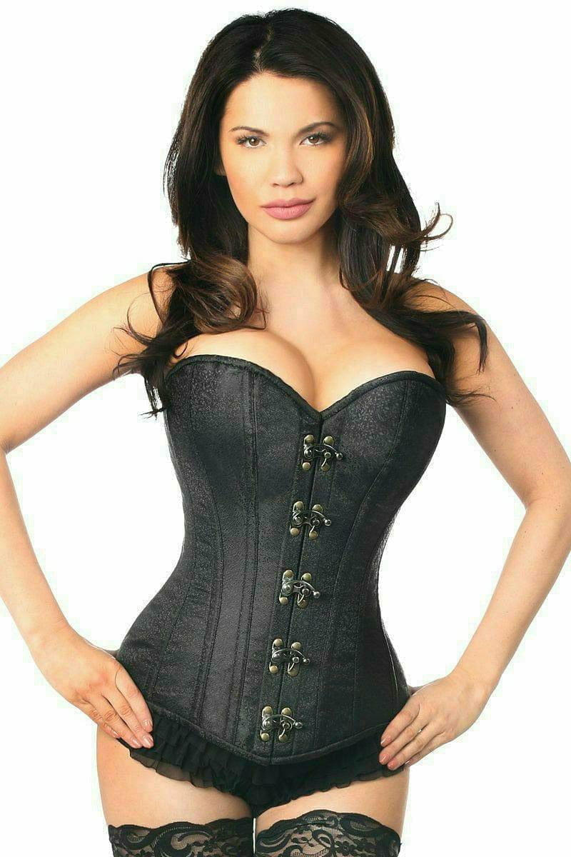 Deluxe Black Brocade Steel Boned Corset with Clasp Closure Musotica.com