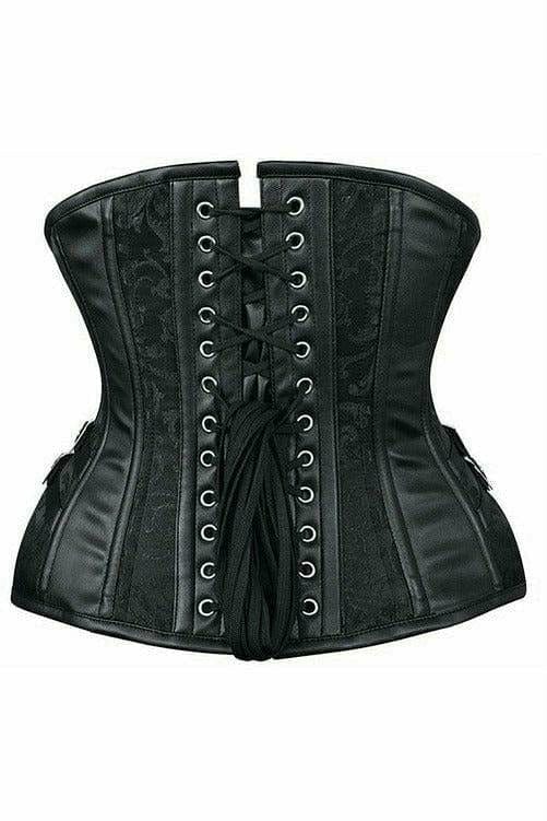Deluxe Black Brocade Steel Boned Underbust Corset with Buckles Musotica.com