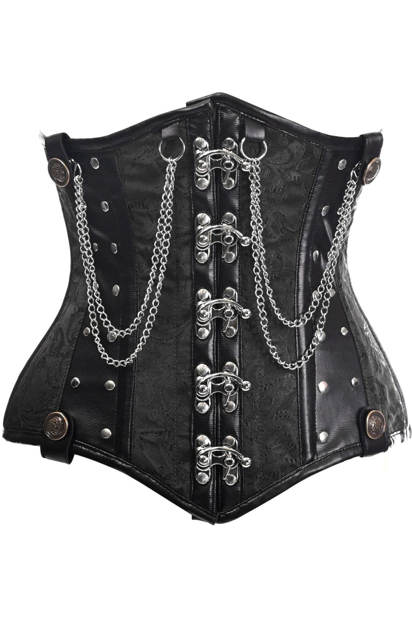 Deluxe Black Brocade Steel Boned Underbust Corset with Chains and Clasps Musotica.com