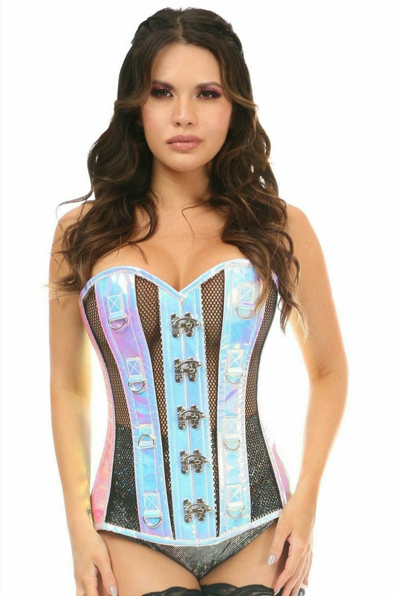Woman wearing Deluxe Blue with Purple Hologram & Black Fishnet Steel Boned Overbust Corset with front metal clasp and visible steel boning details.