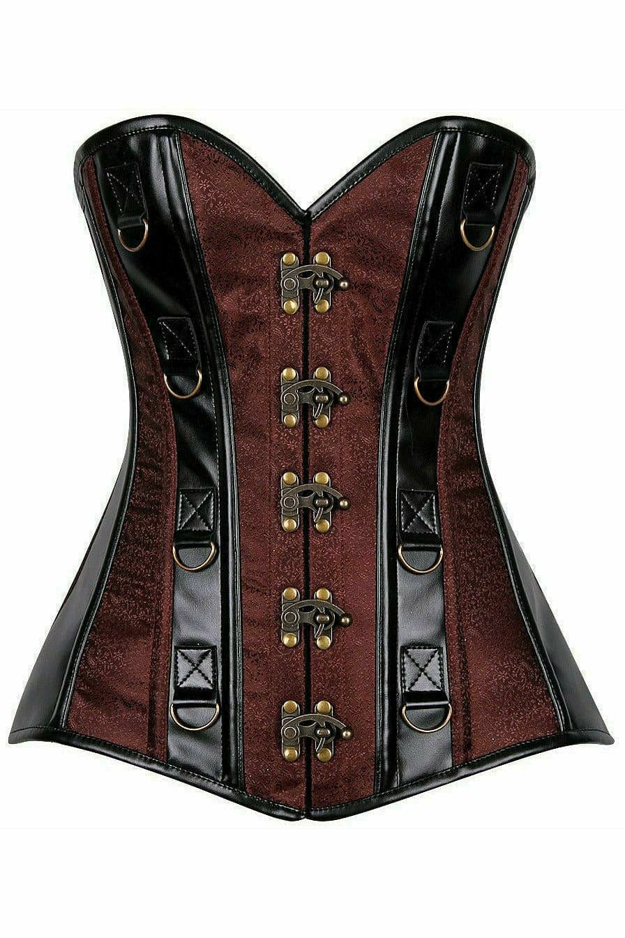 Deluxe Brown Brocade & Faux Leather Steel Boned Corset Musotica.com