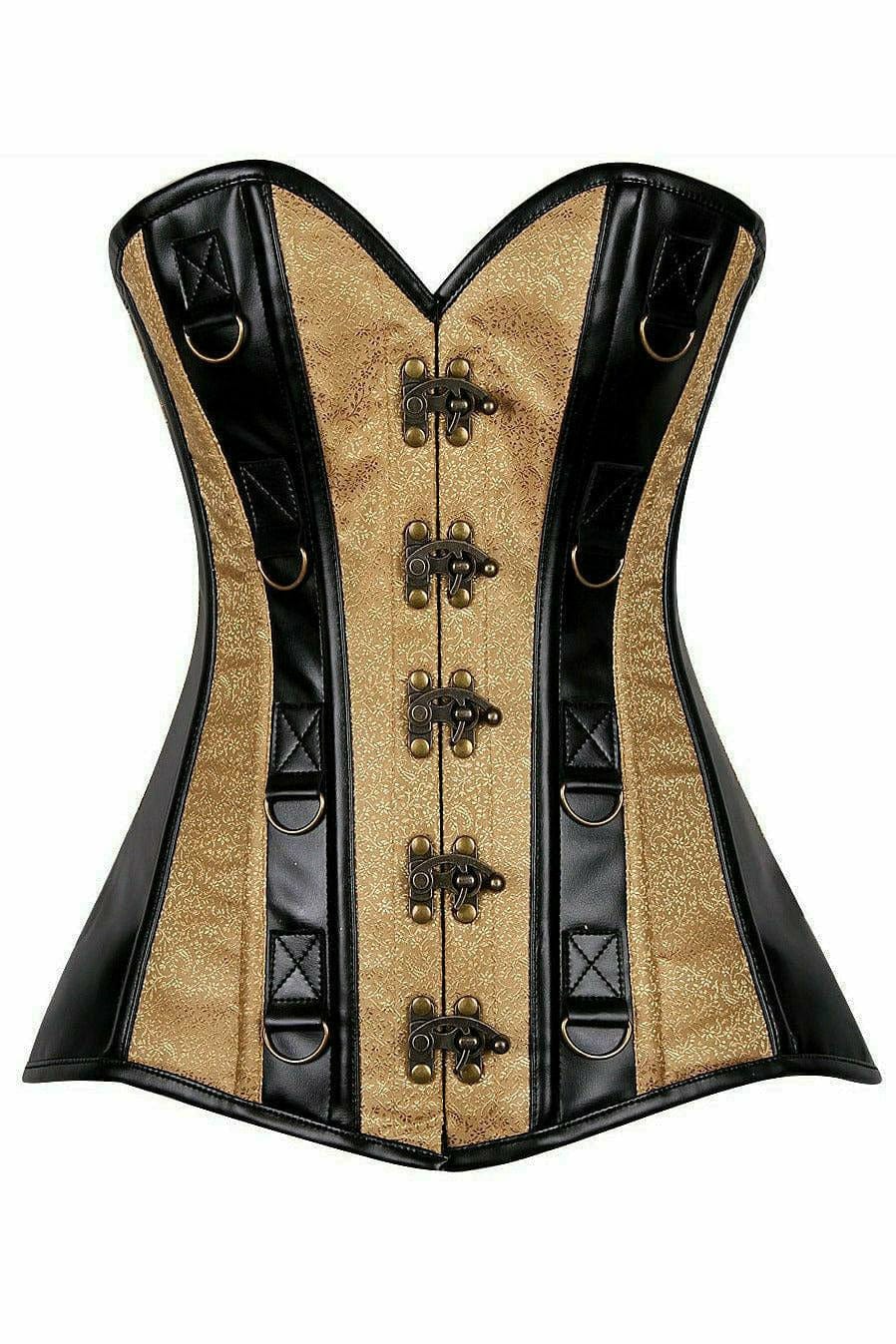 Deluxe Gold Brocade & Faux Leather Steel Boned Corset Musotica.com