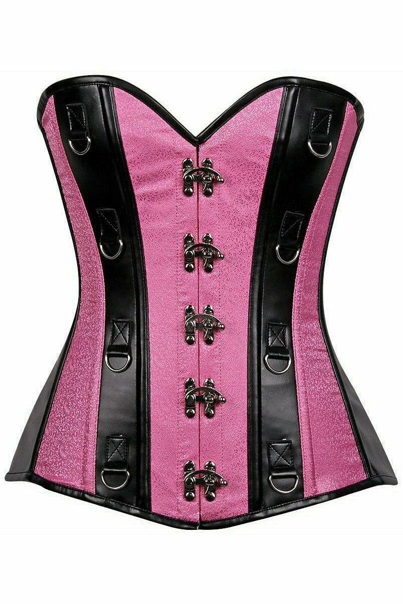 Deluxe Pink Brocade & Faux Leather Steel Boned Corset Musotica.com