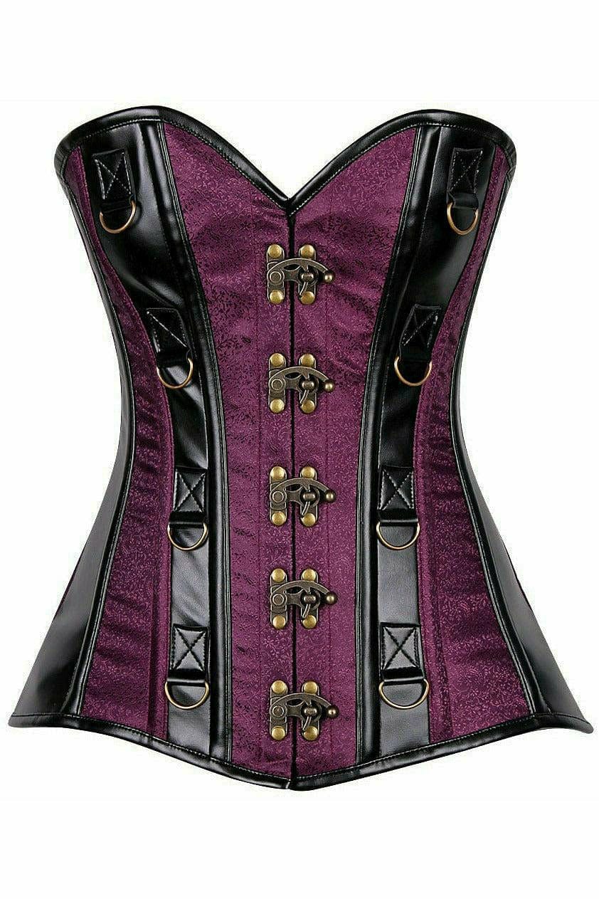 Deluxe Plum Brocade & Faux Leather Steel Boned Corset Musotica.com