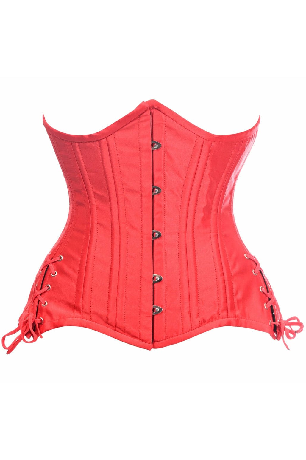 Deluxe Red Satin Double Steel Boned Curvy Cut Waist Cincher Corset with Lace-Up Sides Musotica.com