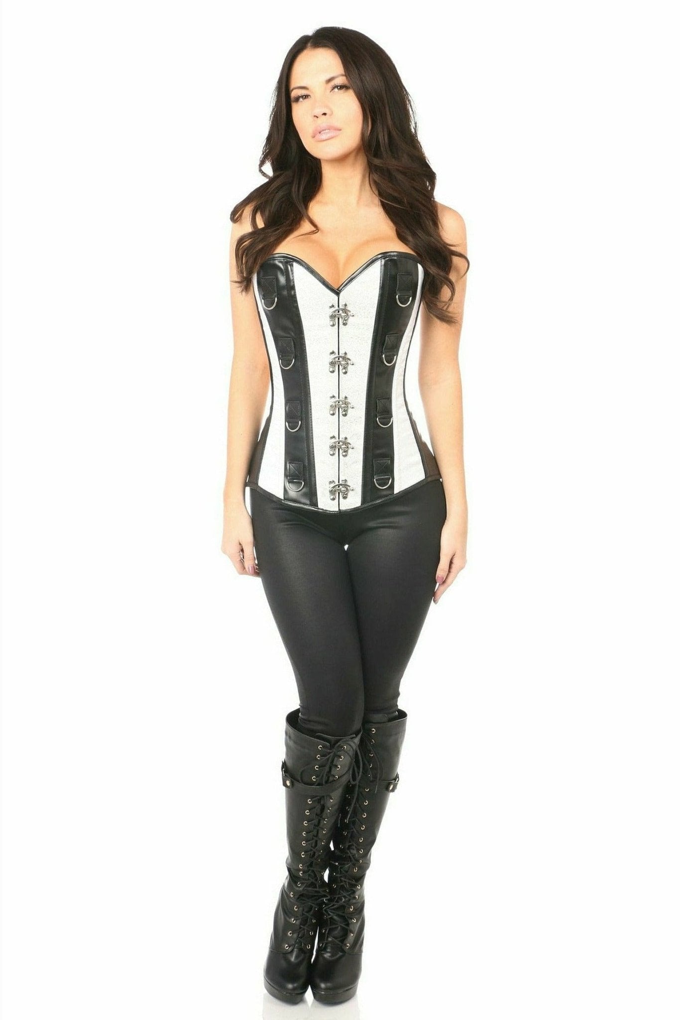 Deluxe White Brocade & Faux Leather Steel Boned Corset Musotica.com