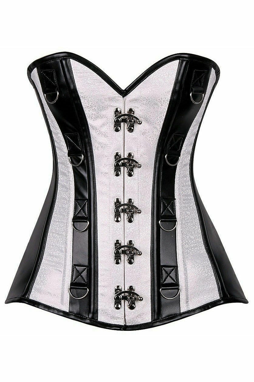 Deluxe White Brocade & Faux Leather Steel Boned Corset Musotica.com
