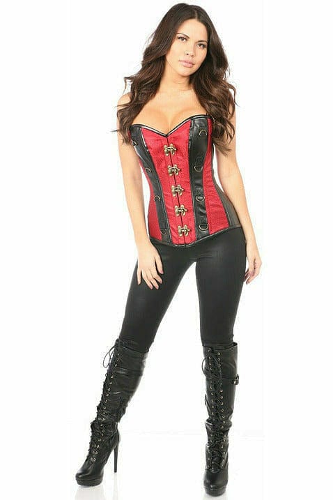 Deluxe Wine Brocade & Faux Leather Steel Boned Corset Musotica.com