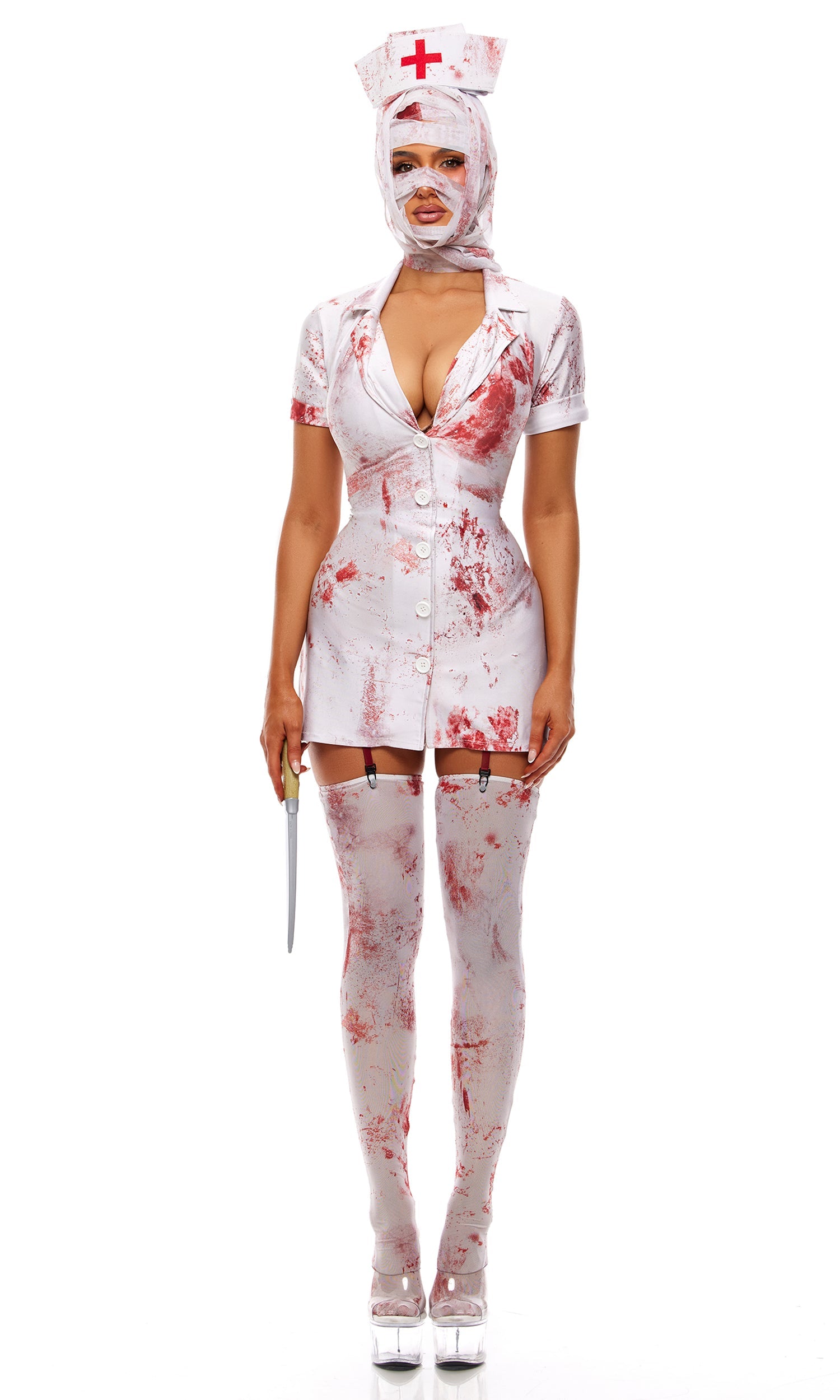 Blood Splatter Bubble Head Nurse Halloween Costume with Bloody Stockings
