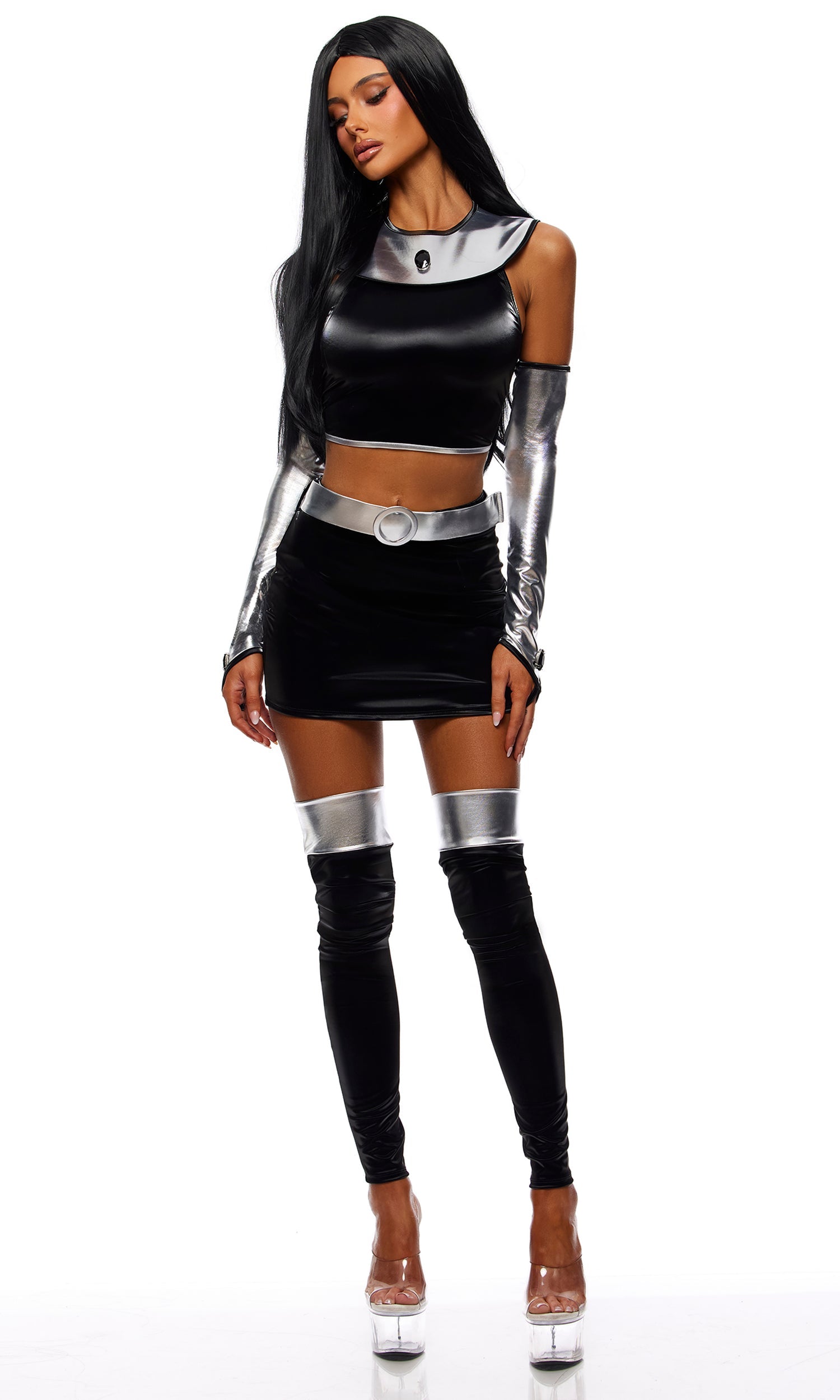 Black Vinyl Silver Armor Space Princess Halloween Costume with Metallic Sleeves