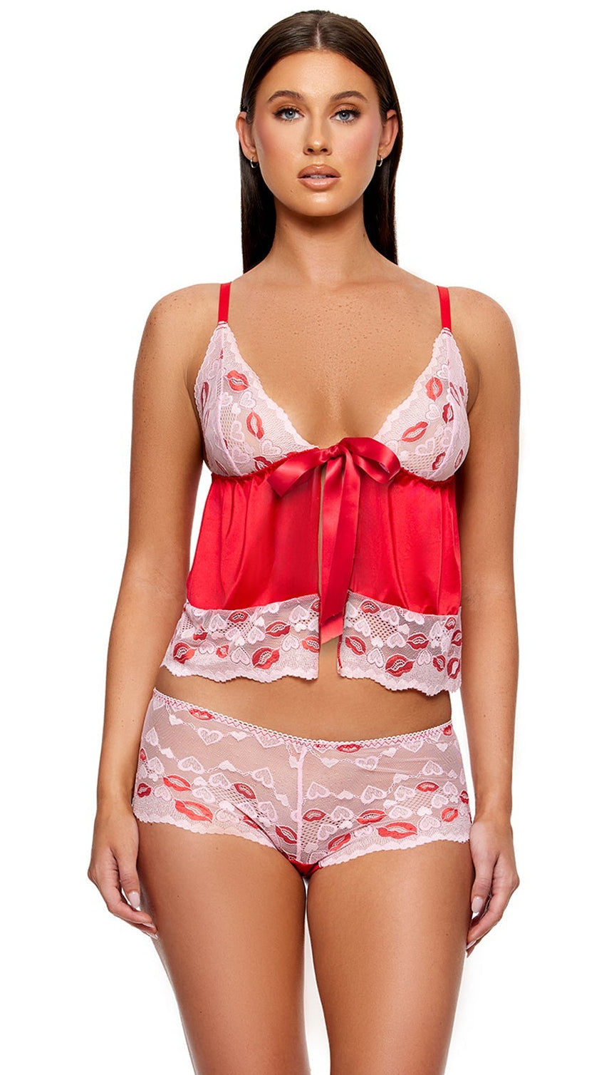 Lips Like Butter Lace Contrast Satin Cami and Boyshorts Set