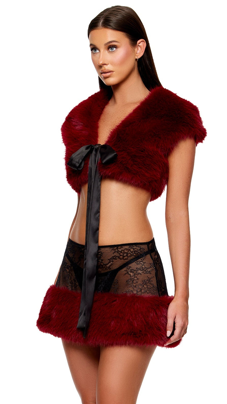 Fur The Night Lace and Faux Fur Shrug and Mini Skirt Set features a faux-fur shrug with cap sleeves and satin ribbon, paired with a sheer lace mini skirt and matching thong.