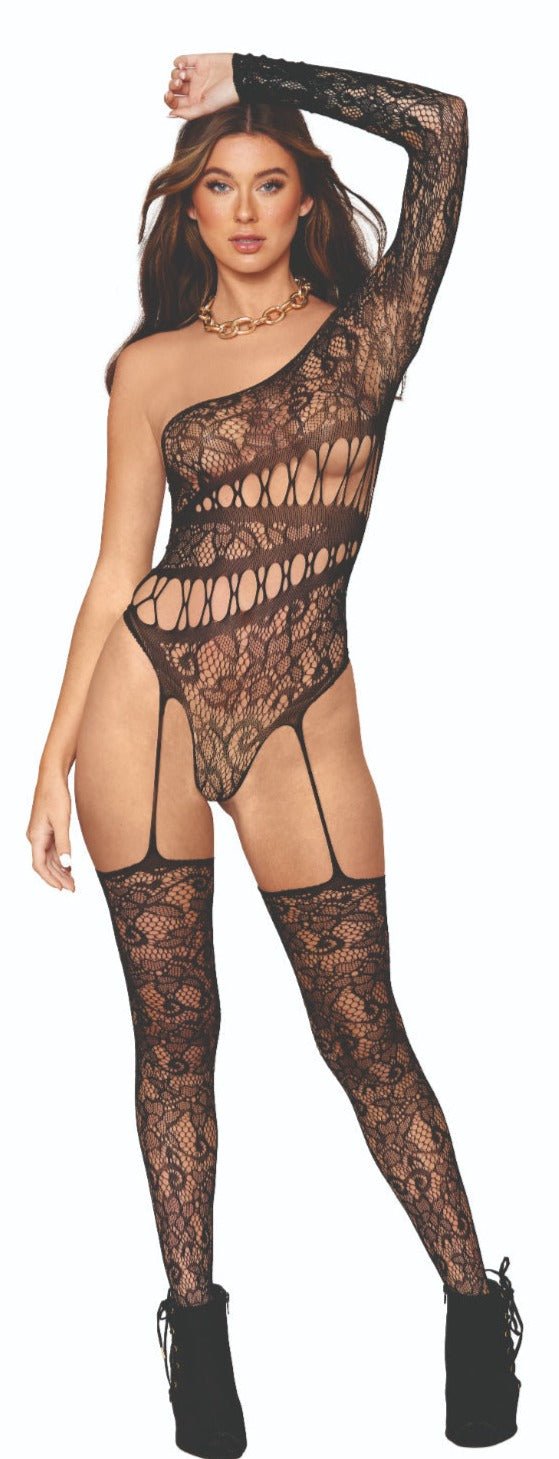 Woman modeling Elegance Lace One Sleeve Seduction Bodystocking, featuring asymmetrical lace design, crisscross waist, attached stockings, and a thong back, exuding confidence and allure.