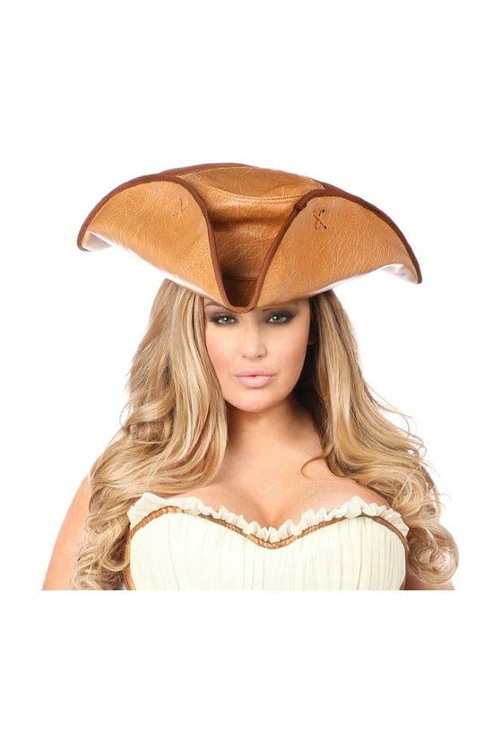 Woman wearing a Faux Leather Pirate Hat in Camel, showcasing its bendable and stylish design, perfect for completing a pirate costume.