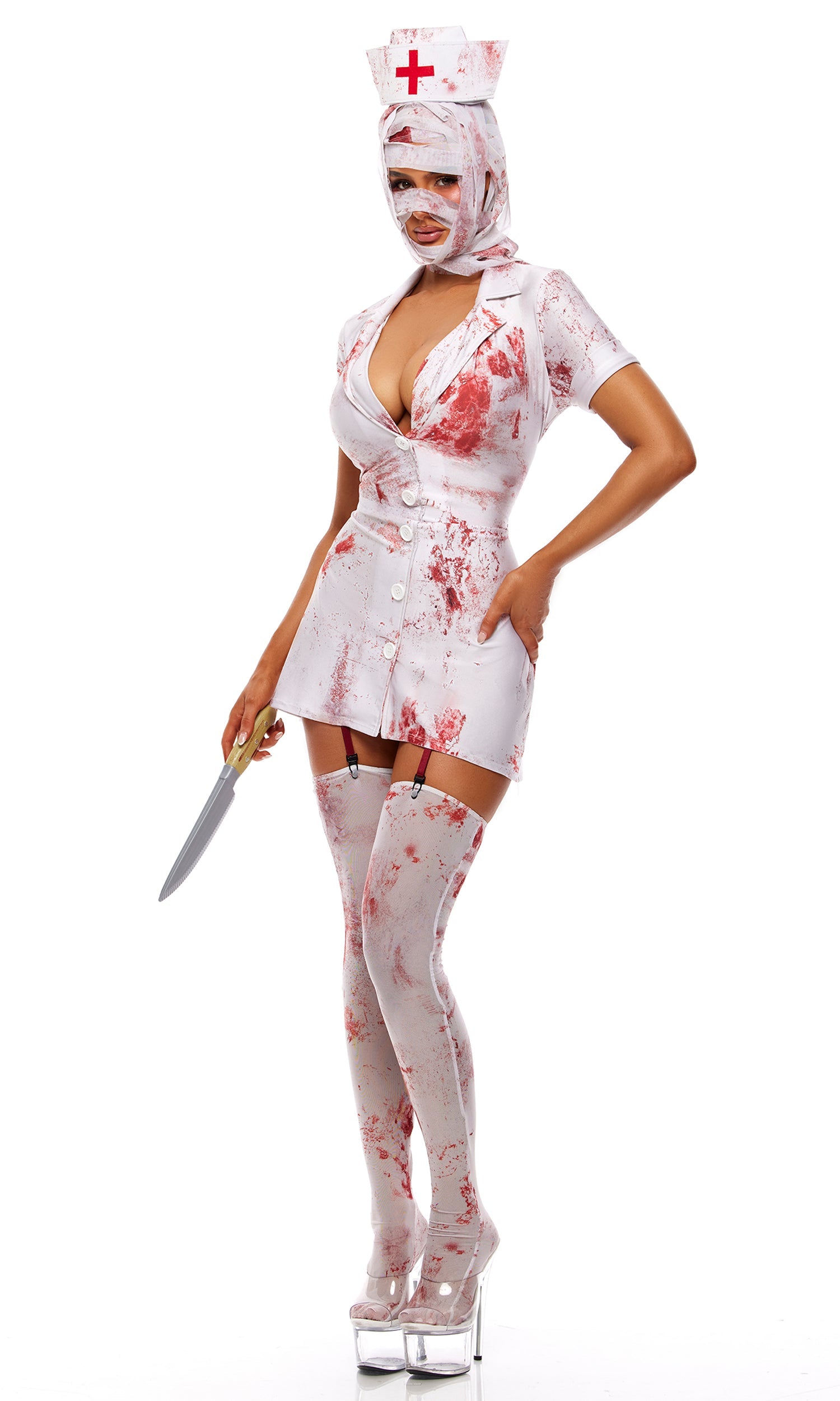 Blood Splatter Bubble Head Nurse Halloween Costume with Bloody Stockings