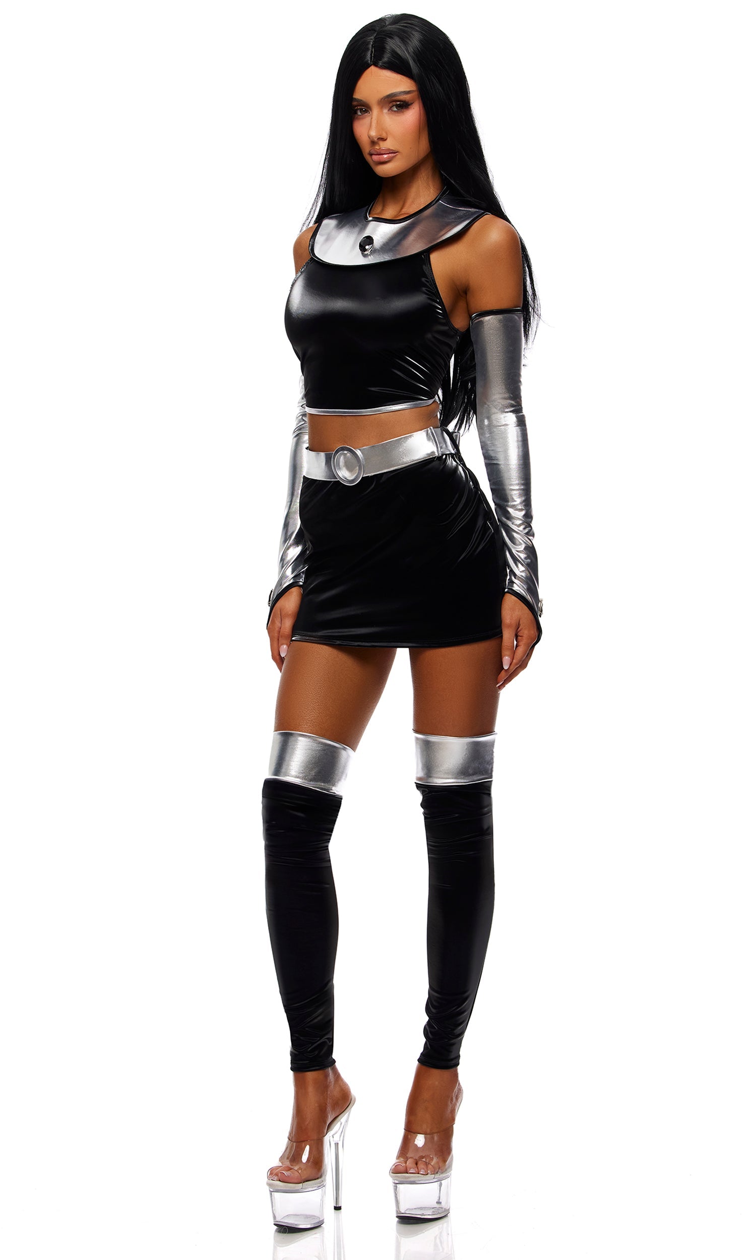 Black Vinyl Silver Armor Space Princess Halloween Costume with Metallic Sleeves
