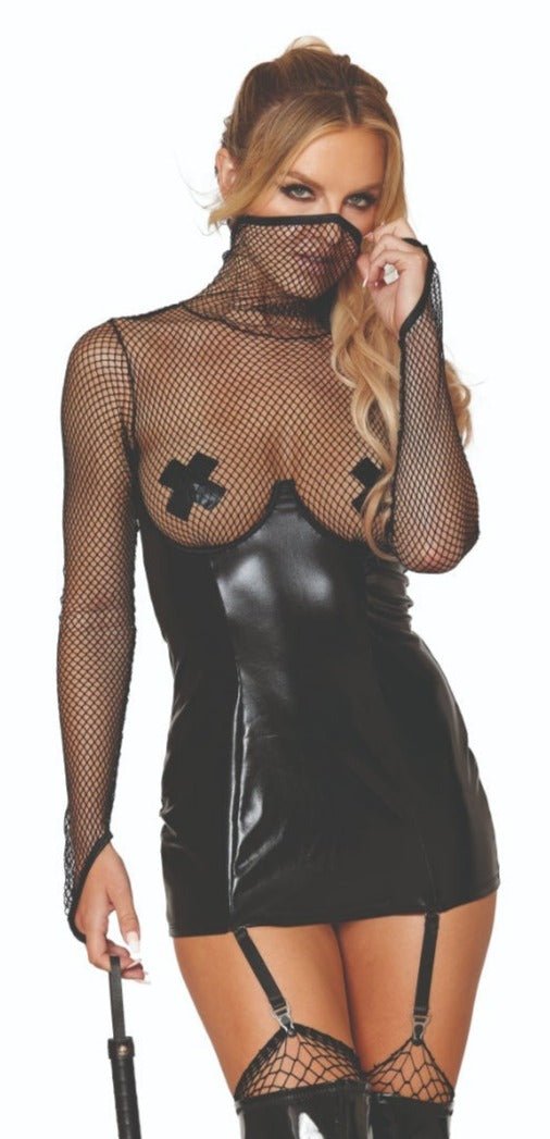 Woman modeling Fetish Faux-Leather Fishnet Lingerie Garter Slip with turtle neck, long sleeves, silver back zipper, and adjustable garters, emphasizing its edgy design.