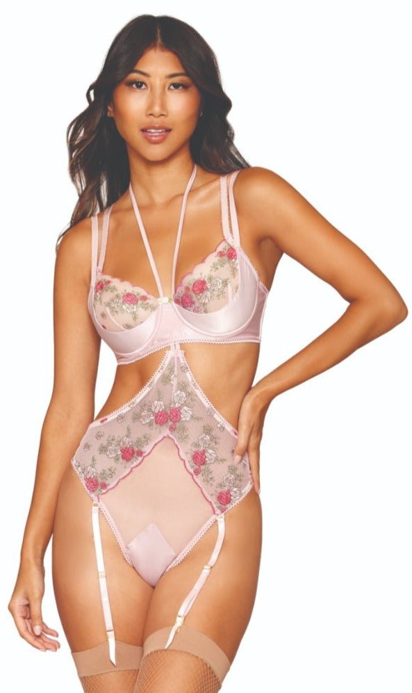 Gala Rose Embroidery Bra and Teddy Set featuring sheer mesh with rose embroidery, adjustable straps, and open cup design, modeled by a woman.