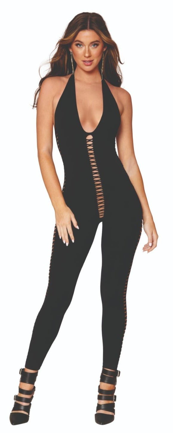 Woman modeling Halter Catsuit Bodystocking with crisscross detailing; features a plunging neckline and adjustable halter ties, showcasing a sleek, form-fitting design.