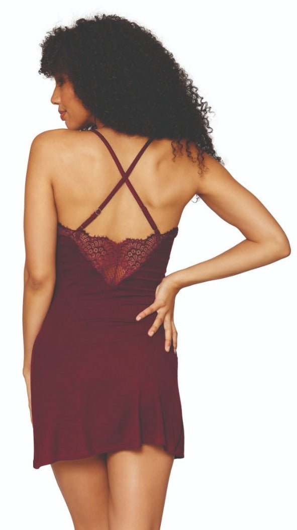 Lace Inset Detail Burgundy Sleepwear Chemise Musotica.com