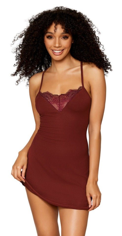 Woman modeling a Lace Inset Detail Burgundy Sleepwear Chemise with adjustable crisscross straps and lace inset details, emphasizing cozy and flirty design features.