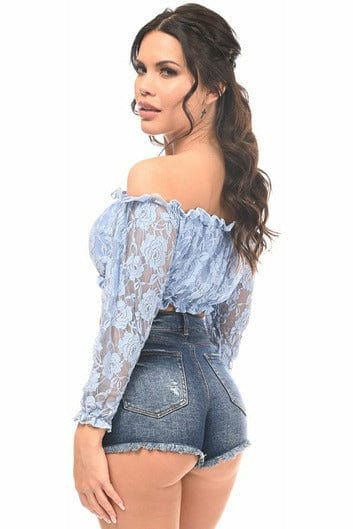 Light Blue Lined Lace Long Sleeve Peasant Top Musotica.com