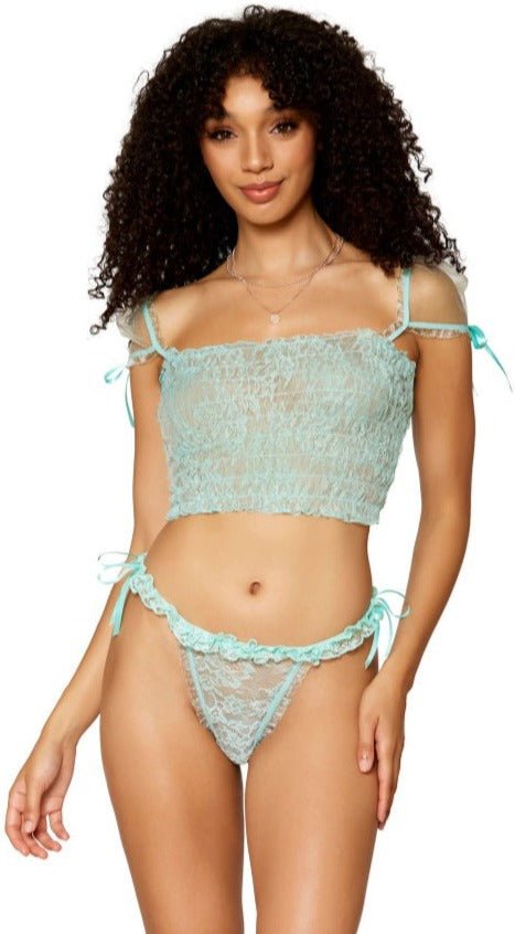 Mint Delight Lace Smocking Camisole and Thong Set Musotica.com