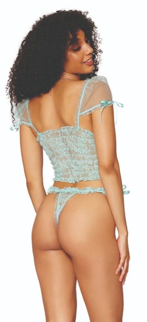 Mint Delight Lace Smocking Camisole and Thong Set Musotica.com