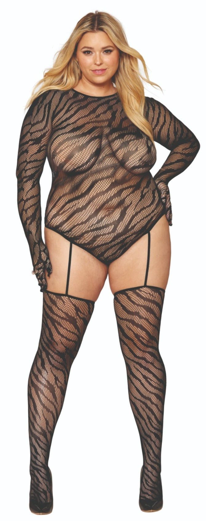 Plus Size Zebra Print Bodystocking featuring fishnet design, long sleeves with built-in gloves, keyhole back, and attached garters with thigh-high stockings.