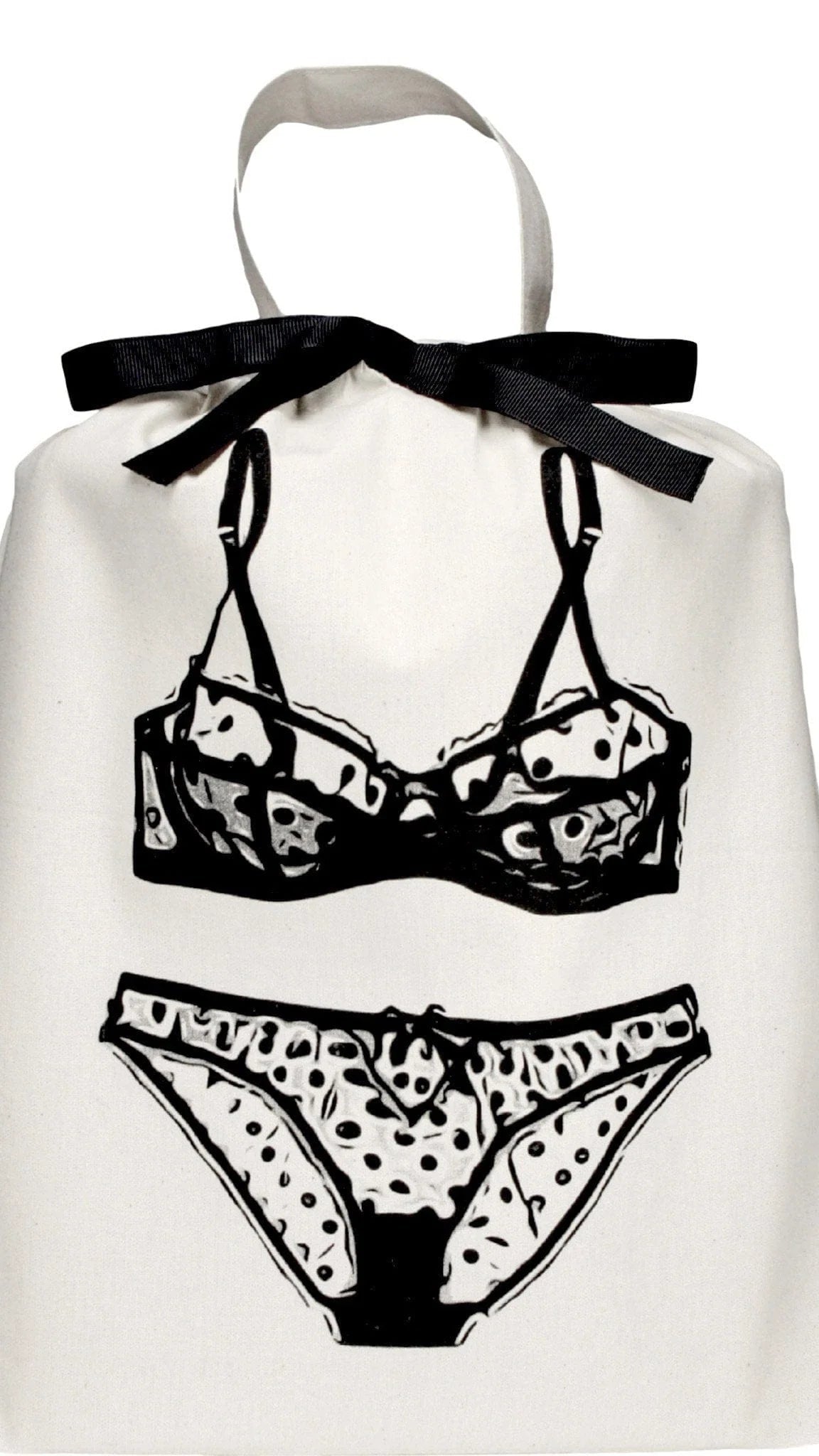 The Feeling Sensational Bundle: A small, off-white drawstring bag with a black ribbon tie, featuring a line drawing of a bra and panties, perfect for storing intimate items like lingerie or underwear.