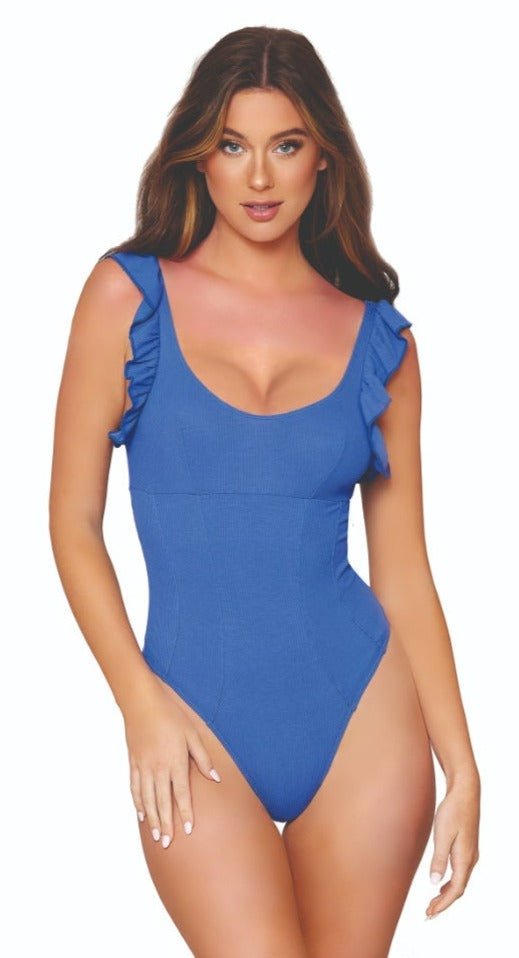 Rib Knit Sleepwear Teddy featuring a fitted silhouette, ruffled sleeves, and elastic underbust, modeled by a woman in a blue swimsuit-style pose.