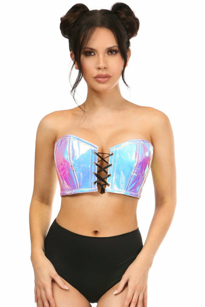 Woman wearing Sexy Blue With Purple Holo Lace-Up Bustier Top featuring front lace-up, back zipper, and adjustable straps, showcasing corset details.